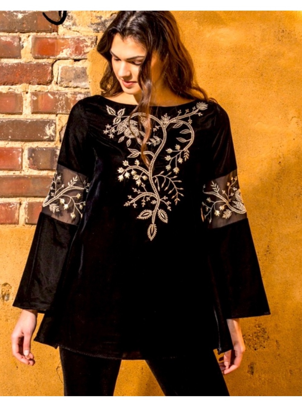 NWT! BEAUTY! Roja TREE OF LIFE Embroidered Black Velvet Tunic boho {MSRP $271}